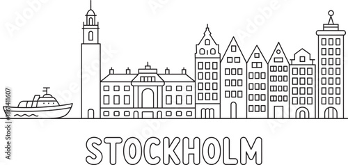 Stockholm sweden cityscape outline vector with royal palace medieval buildings and ship