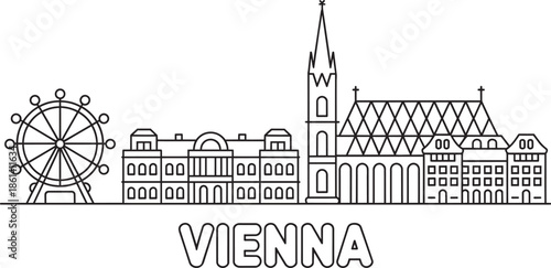 Vienna city outline vector illustration with iconic buildings and prater ferris wheel