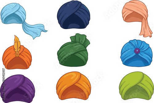 Set of Colorful Traditional Turban Vector Illustrations Including Different Styles and Cultures Such as Arabic Indian Sikh and Oriental Headwear