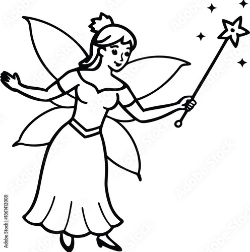 Black and white fairy outline illustration holding magic wand with wings and flowing dress, fantasy character line art perfect for coloring books, kids education, tattoos and crafts art fx.