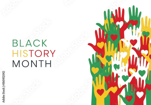 White background with 'BLACK HISTORY MONTH' text on the left and a colorful array of raised hands with hearts on the right. isolated on transparent background
