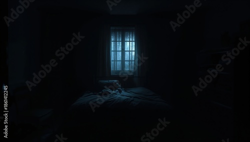 Creepy Abandoned House Bedroom with Messy Bedding and Dark Corners for Thriller and Mystery Designs