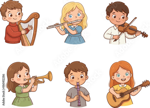 Set of Cute Cartoon Children Playing Musical Instruments Including Harp Flute Violin Trumpet Recorder and Guitar for Kids Education Vector Illustration