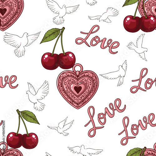 Seamless Romantic Pattern with Vintage Hearts, Cherries, White Doves and Love Lettering on White Background