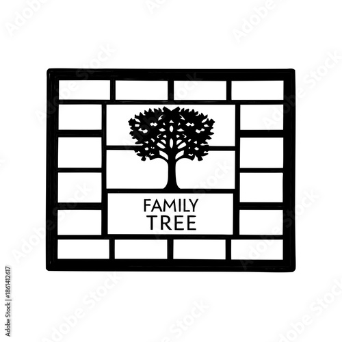 Black and White Family Tree Artwork Set in a Geometric Border