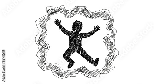 A sketch depicts a joyful child silhouette jumping with arms outstretched within a roughly torn frame