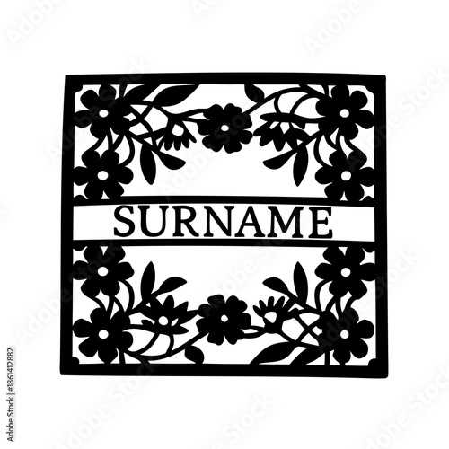 Elegant floral family name monogram frame in black and white color