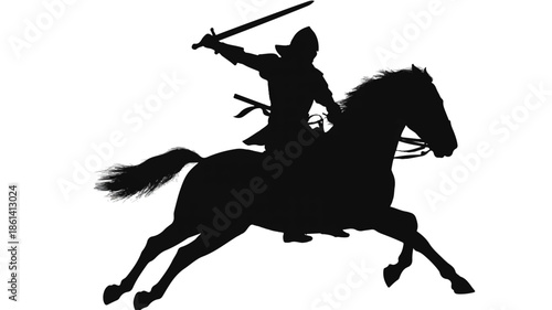 A black silhouette illustration of a medieval knight riding a charging horse in a dynamic pose 
