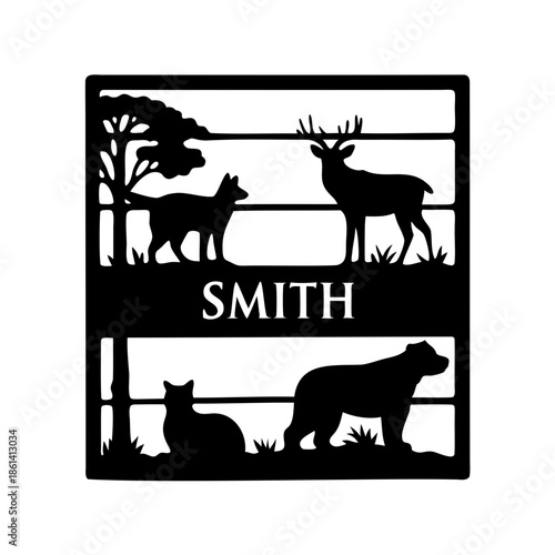 Metal art silhouette sign featuring animals and the family name Smith