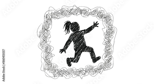 A playful silhouette of a child jumping with arms outstretched framed by a scribbled abstract border