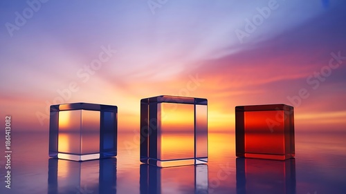 Modern display podiums reflecting a colorful sunset
