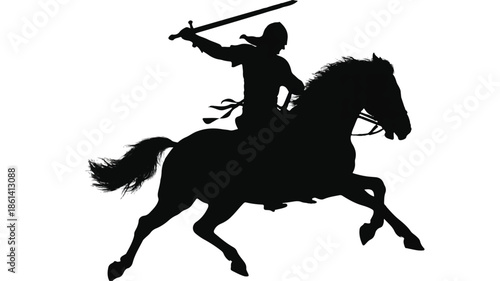 A black silhouette illustration of a medieval knight riding a charging horse in a dynamic pose

