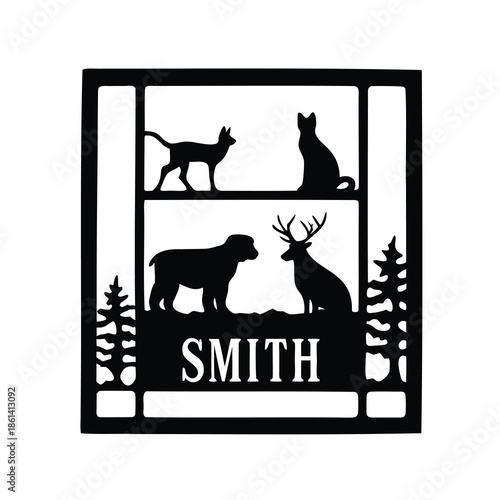 Personalized Last Name Metal Sign with Animals and Pine Trees