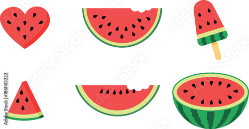 Set of ripe and juicy watermelon vector illustrations featuring fresh red slices with seeds and green rinds for a sweet summer fruit dessert icon