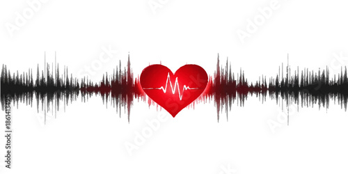 A vibrant red heart vector illustration featuring a heartbeat and stethoscope signifies passion and love as a romantic symbol for a Valentine holiday travel logo or city label