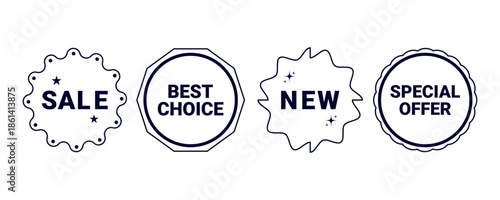 A set of linear advertising stickers. Sale, Best Choice, New, Special Offer. Vector graphics.