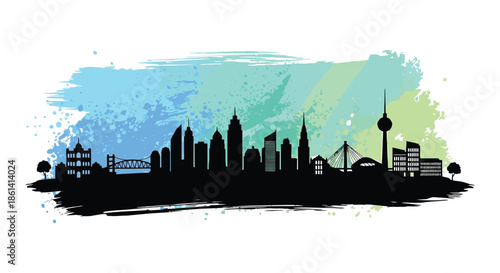 A striking silhouetted cityscape against a vibrant abstract brushstroke background featuring iconic structures