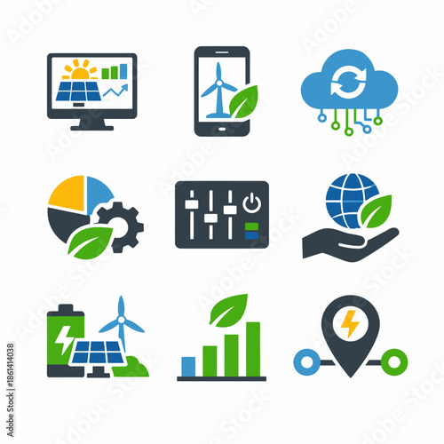 Eco-friendly technology icons: renewable energy, sustainability, digital innovation
