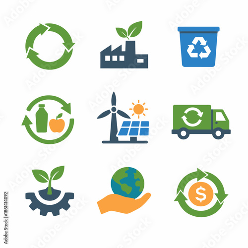 Sustainable eco-friendly icons featuring recycling, renewable energy, and environmental conservation