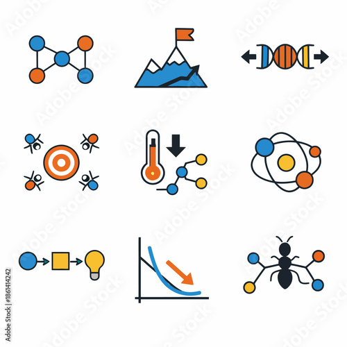 Science and technology icons: molecules, dna, and ants in flat design