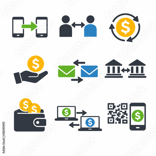 Digital payment and exchange icons: money transfer, bank exchange, mobile wallets