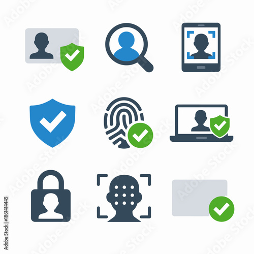 Digital security icons: verification, biometrics, email protection, and privacy shields