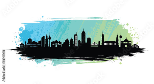 A striking silhouette of a modern city skyline against a vibrant colorful watercolor background