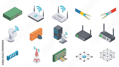 Vibrant isometric icons illustrating advanced networking infrastructure, internet connectivity, and digital data communication systems elements