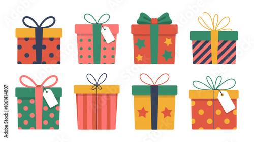 A collection of colorful and festive gift boxes with bows, perfect for celebrations