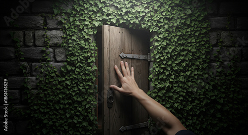 Secret Garden Discovery: A hand reaches toward a weathered wooden door, embraced by vibrant green ivy, hinting at an hidden sanctuary and a sense of wonder.