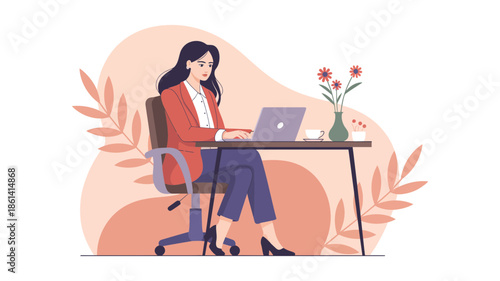 Professional woman working remotely on her laptop at a modern home office desk