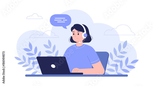 Customer support operator providing assistance remotely using a laptop and headphones