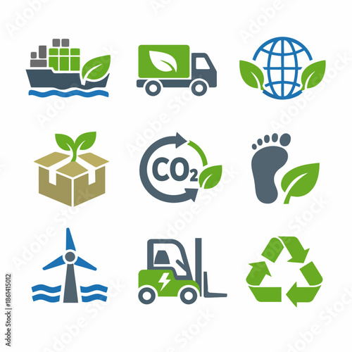 Sustainable logistics and eco-friendly icons: shipping, recycling, wind energy, carbon reduction