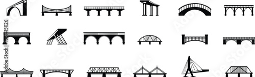 Bridge icons set collection with arch suspension truss viaduct structures in flat style, transportation infrastructure outline illustration group for city map UI design