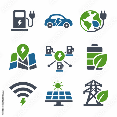 Electric vehicle and renewable energy icons set for sustainable technology themes
