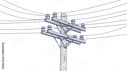 Hand-drawn sketch of a traditional wooden utility pole carrying multiple electrical power lines against a clear sky