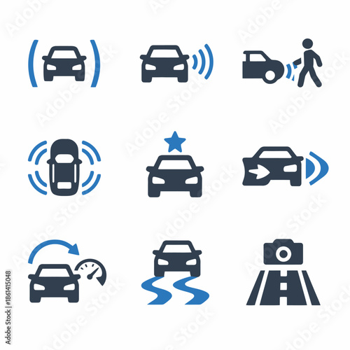 Car safety icons: autonomous features and driving assistance symbols collection