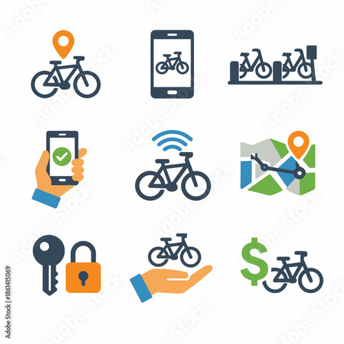 Bicycle sharing and rental service icons featuring technology and security elements