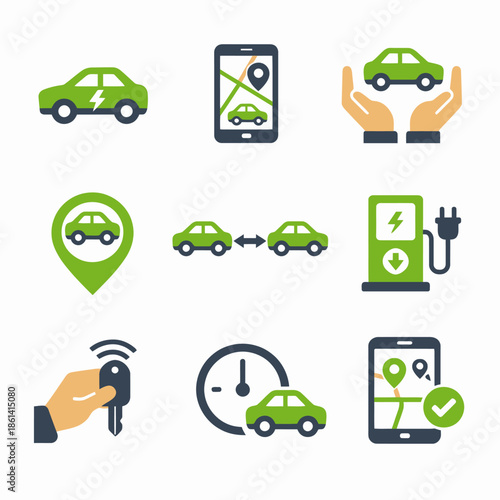 Electric car sharing icons: eco-friendly transportation and charging solutions
