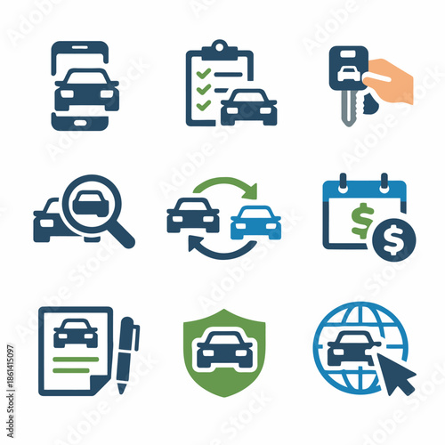 Car rental and leasing icons set: checklist, key, search, exchange, agreement, protection, online