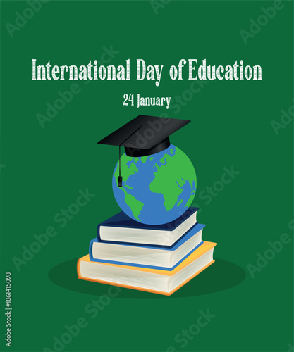 International Day of Education concept illustration featuring a globe with graduation cap placed on stacked books, symbolizing global learning, knowledge, and education awareness on 24 January.