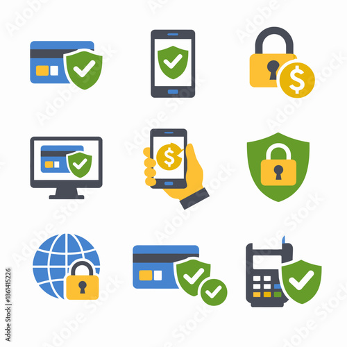 Secure online transaction icons featuring credit cards and locks