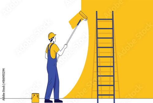 Flat vector illustration of a professional painter using a long roller to paint a yellow wall