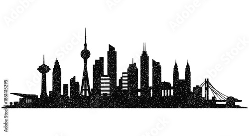 A striking black silhouette of a city skyline with a colorful watercolor style background