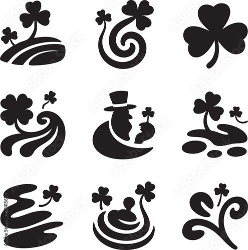 Collection of black and white clover and wave styled graphic elements