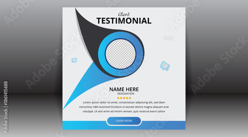 Modern Client Testimonial Template with Creative Blue Fluid Shapes, Circular Image Frame, 5 Star Rating and Speech Bubble Layout for Business Feedback Social Media Post Vector Design.