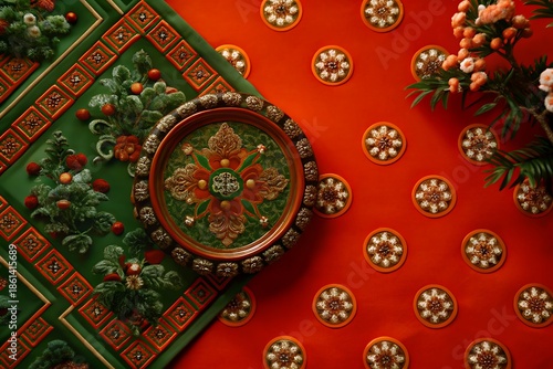 Vibrant Chinese New Year decorations with intricate designs and floral patterns on red background
