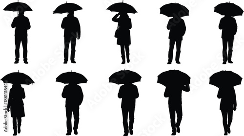 Set of people with umbrellas silhouettes featuring men and women walking in the rain for weather season and urban design