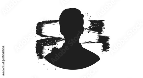 A striking black and white silhouette of a person s head and shoulders with abstract brushstroke details
