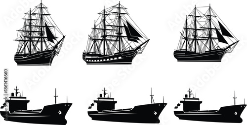 Set of Vintage Sailing Ship and Modern Cargo Vessel Silhouettes Isolated on White Background for Nautical Logo Design and Maritime Vector Art